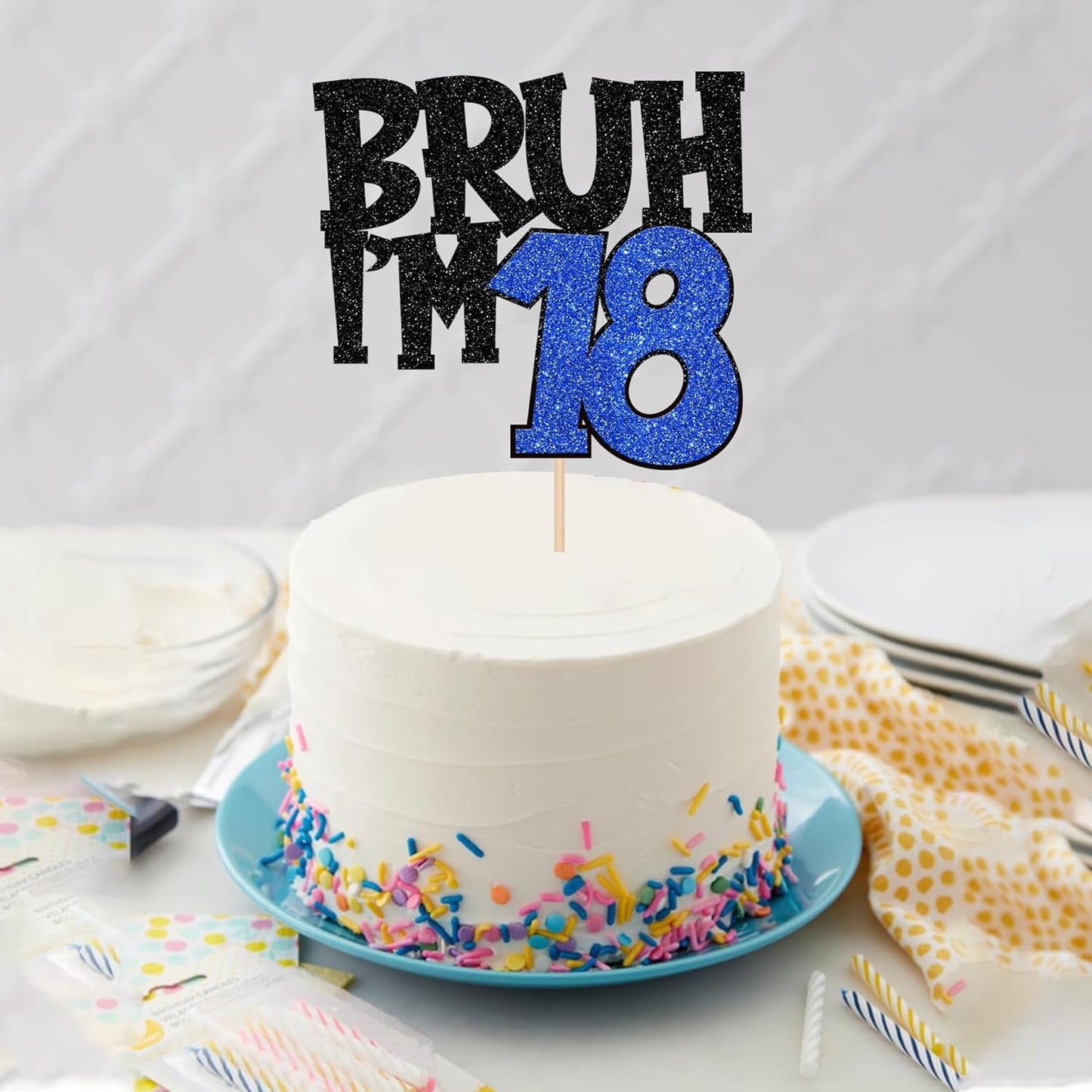 1 PCS Bruh I'm 18 Cake Topper Glitter Happy 18th Birthday Cake Pick Bro I'm 18 Cake Decoration It's My 18th Birthday Decorations for Cheers to 18 Years Old Birthday Anniversary Party Supplies Blue