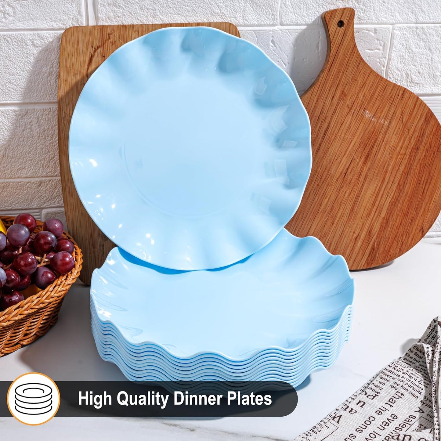 LIYH 20 Pcs 10 Inch Light Blue Plastic Plates Reusable - Unbreakable Scalloped Dinner Plates for Baby Shower Party Outdoor Picnics Dishwasher Safe BPA Free