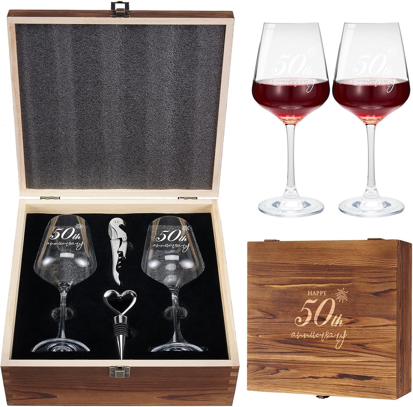 AW BRIDAL 50th Anniversary Wedding Gifts 50th Golden Couples Gifts 50th Wedding Gift for Parents, Husband, Wife - 50th Anniversary Wine Glasses with Wood Keepsake Box