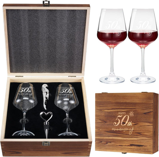 AW BRIDAL 50th Anniversary Wedding Gifts 50th Golden Couples Gifts 50th Wedding Gift for Parents, Husband, Wife - 50th Anniversary Wine Glasses with Wood Keepsake Box