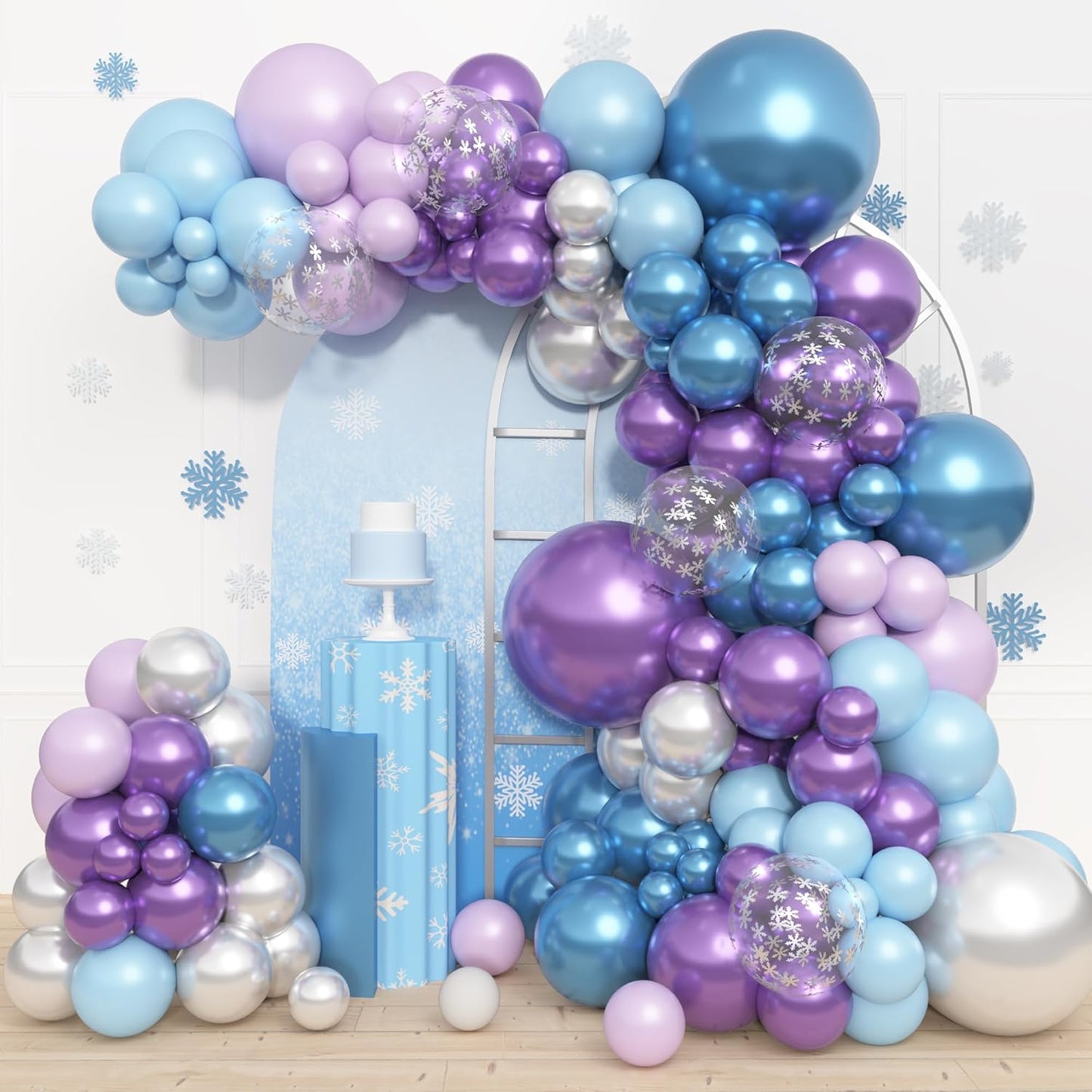 Amandir 153pcs Blue Purple Balloon Garland Arch Kit, Different Sizes 18 12 10 5 inch Blue Purple Pearlescent Metallic Confetti Snow Balloons for Princess Winter Wonderland Girl Baby Party Decorations