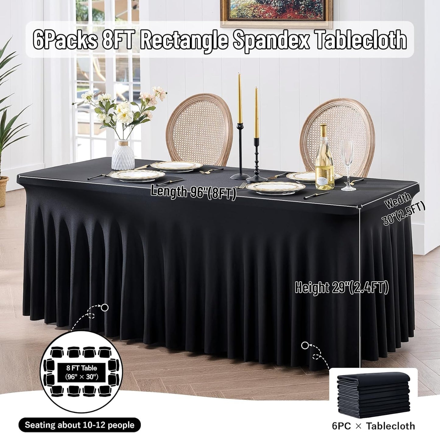 leegleri 6 Pack Black Spandex Tablecloths for 8 Foot Rectangle Tables, Wrinkle Free Fitted Table Cloths 8ft Stretchy Table Cloth Cover with Skirt for Parties Weddings Birthday Banquet Baby Shower