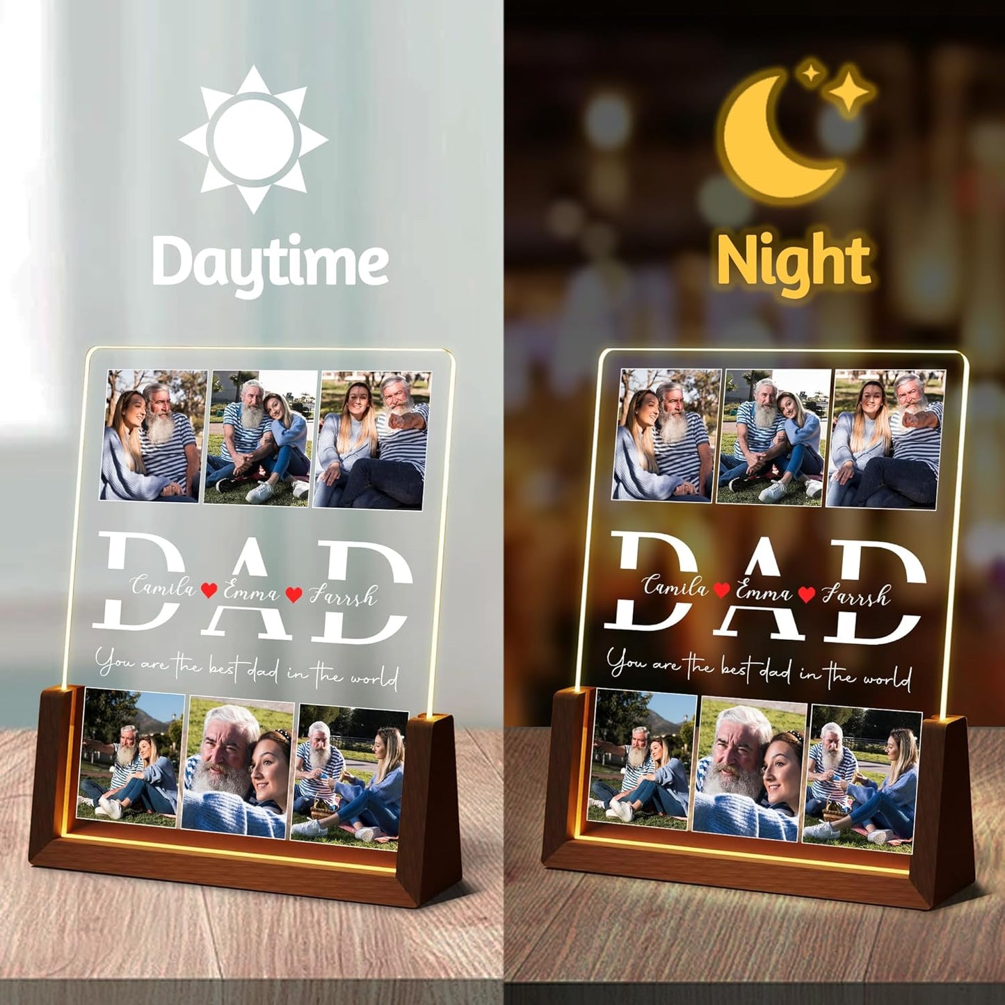 Personalized Fathers Day Birthday Gifts For Dad From Daughter Son Wife, Custom Acrylic Plaque Light Up Picture Frame With Photo Name, Customized Dad Gifts For Husband Men Papa Fathers Day Christmas