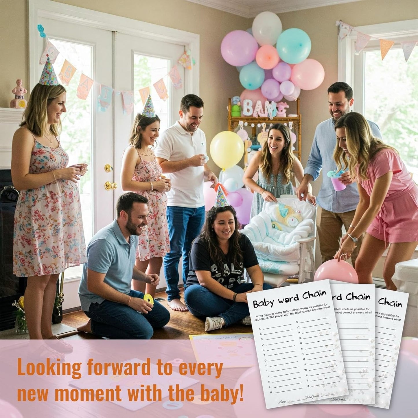 Baby Shower Word Chain Trivia Game Cards - 30 Player Minimalist with Answer Keys, Light Gray Star Design, Instant Fun (Word Chain)