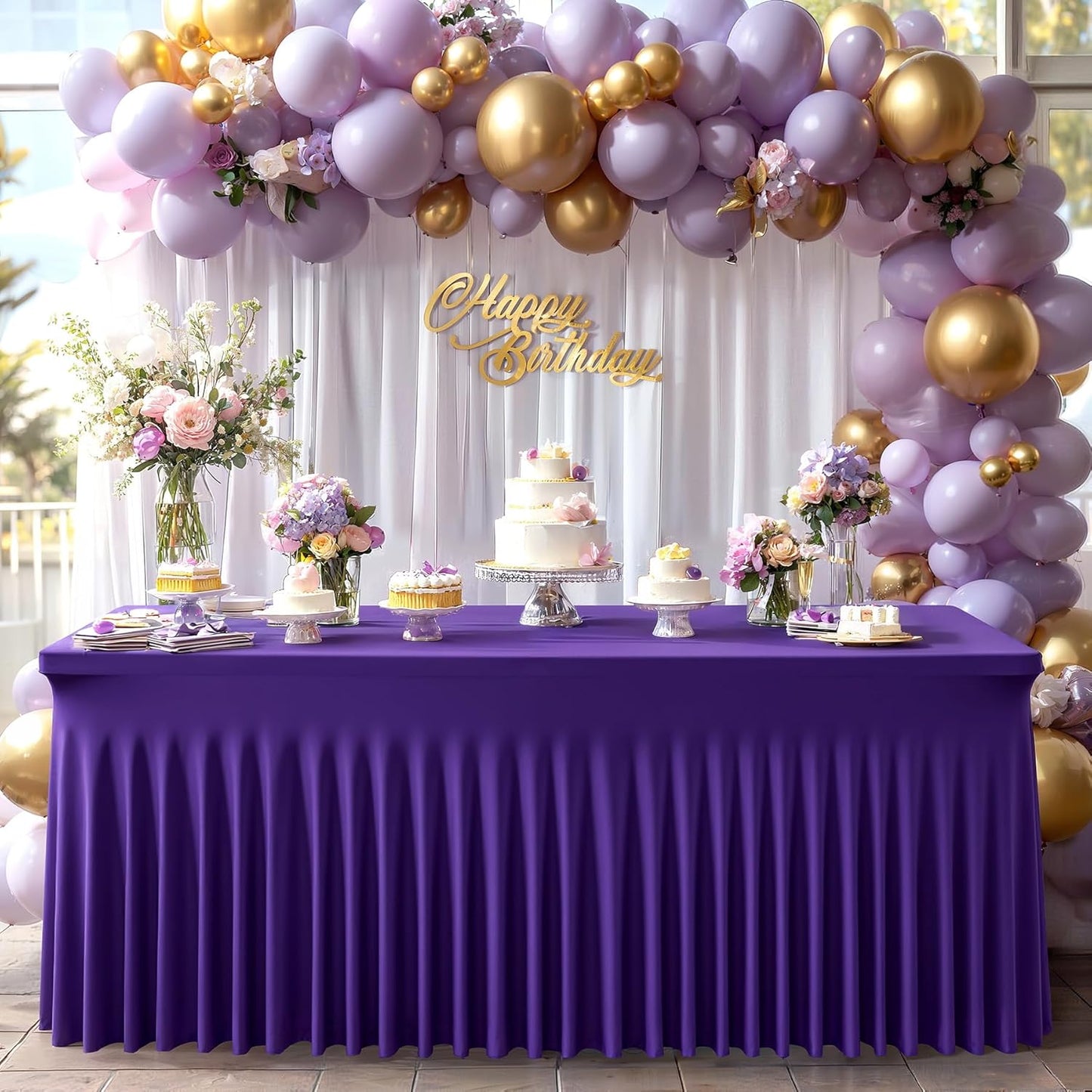 1 Pack Purple Table Clothes for 6 Foot Rectangle Tables, One-Piece Wrinkle Resistant Stretch Spandex Table Covers with Skirt for Event Banquet Wedding Birthday Party