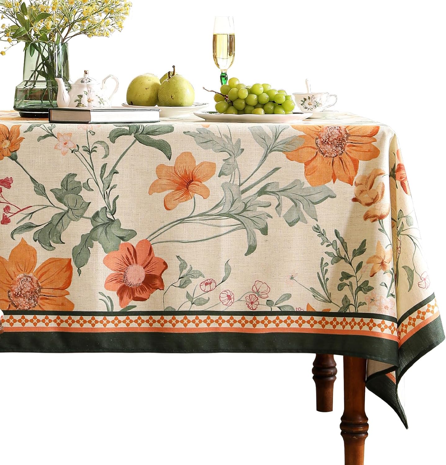 French Extra Long Tablecloth for Rectangle Table,Linen Orange Floral Wrinkle Resistant Tablecloths,Decor Table Cover for Kitchen,Dining,Party,Thanksgiving,Christmas,67"*118"-Milch