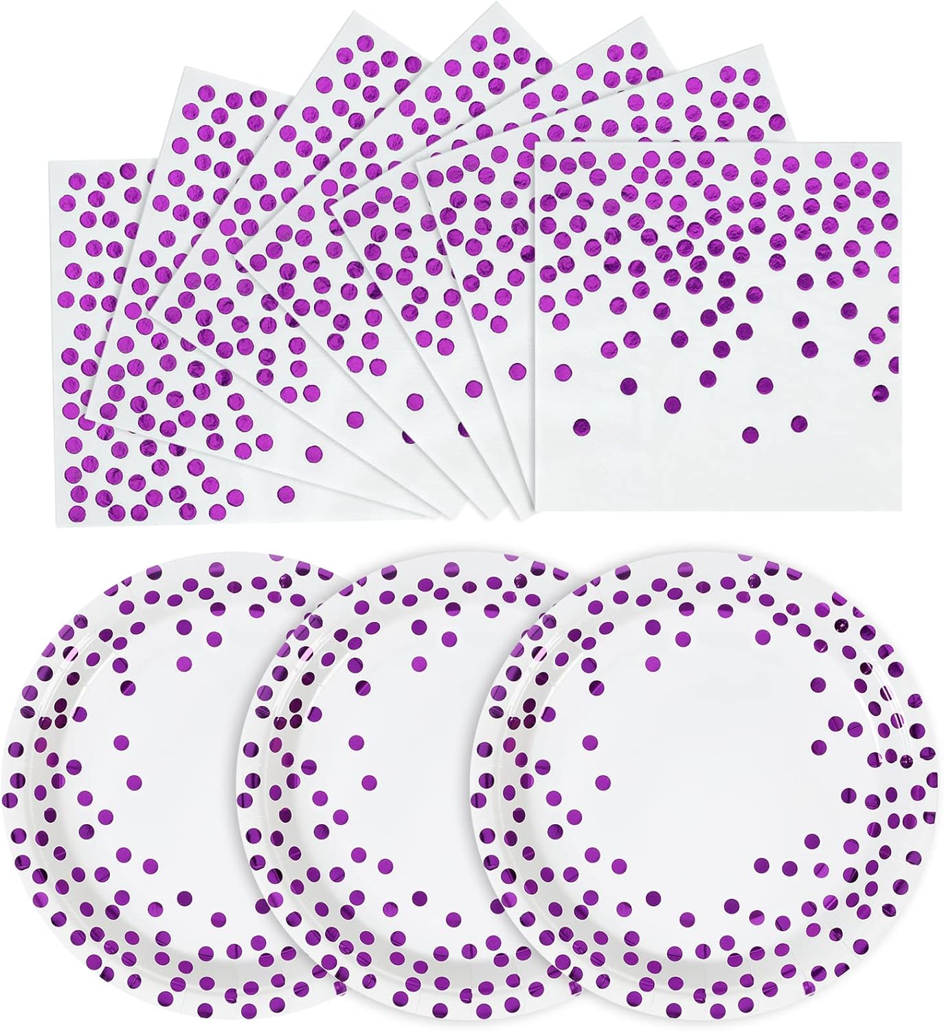 White and Purple Gold Paper Plates- 100 Pack- 50 x 7" Paper Plates & 50 x 6.5" Napkins, Purple Plate and Napkins Party Supplies for Birthdays Receptions and All Occasions