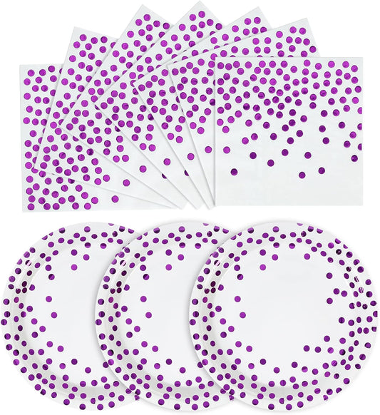 White and Purple Gold Paper Plates- 100 Pack- 50 x 7" Paper Plates & 50 x 6.5" Napkins, Purple Plate and Napkins Party Supplies for Birthdays Receptions and All Occasions