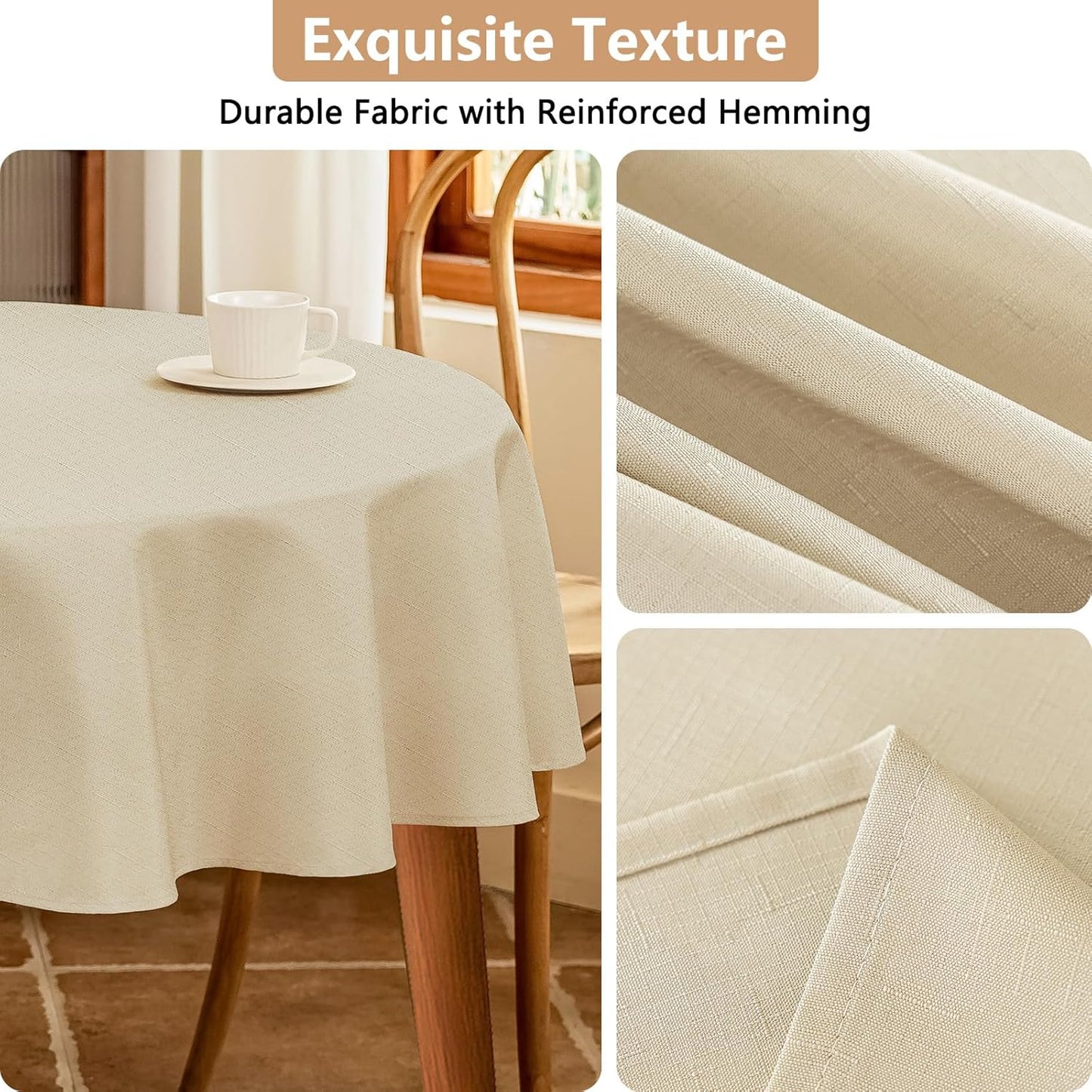 Fabric 60 Inch Round Table Cloth, Faux Linen Textured Water Resistant & Wipeable Circle Tablecloth, Anti-Scratch for Dinning Kitchen Party, Beige