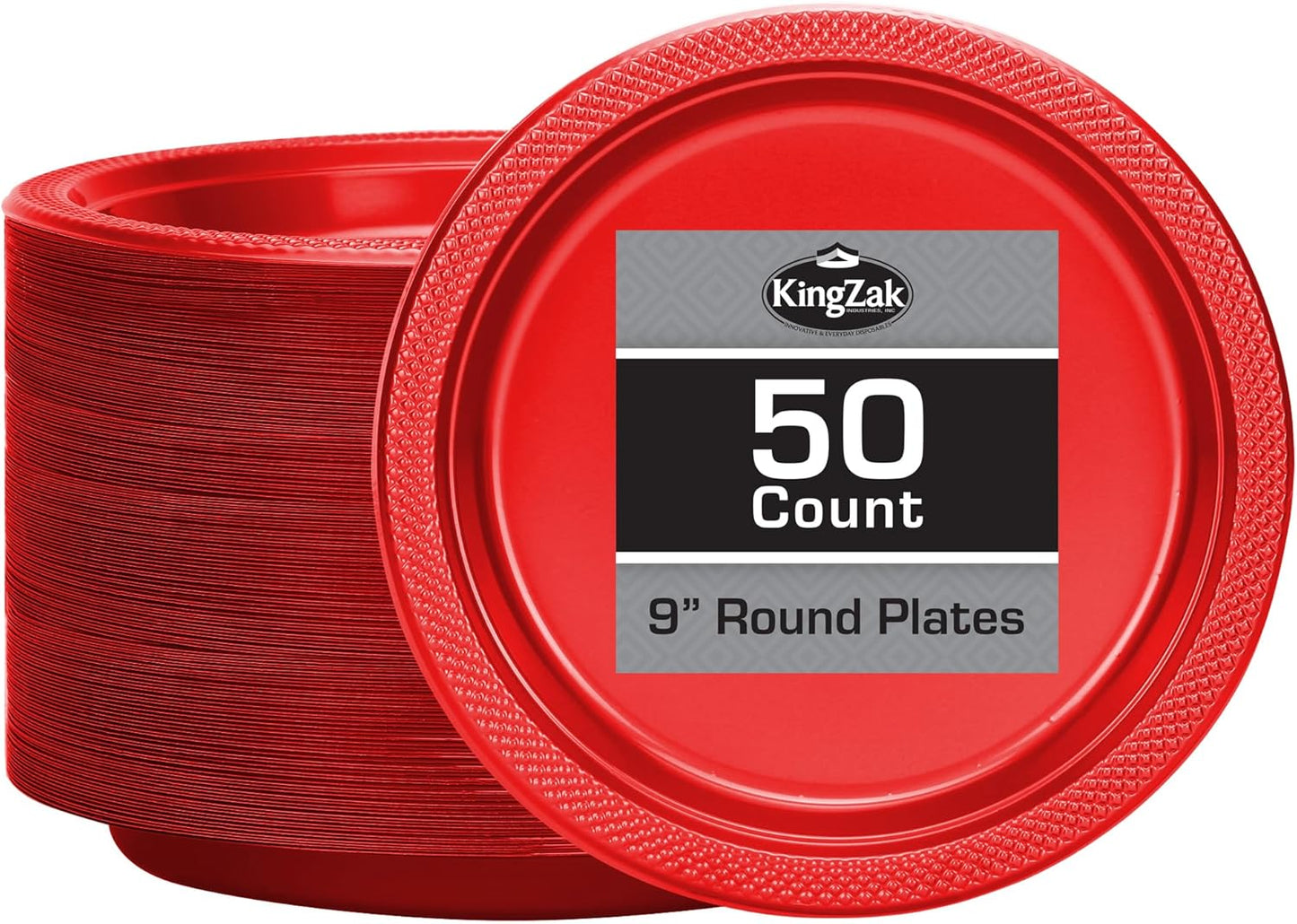 Hanna K. Signature Collection Red Plastic Plates, 9‑Inch Round, 50 Count – Disposable Heavy‑Duty Dinner Party Plates for Weddings, BBQs & Birthdays