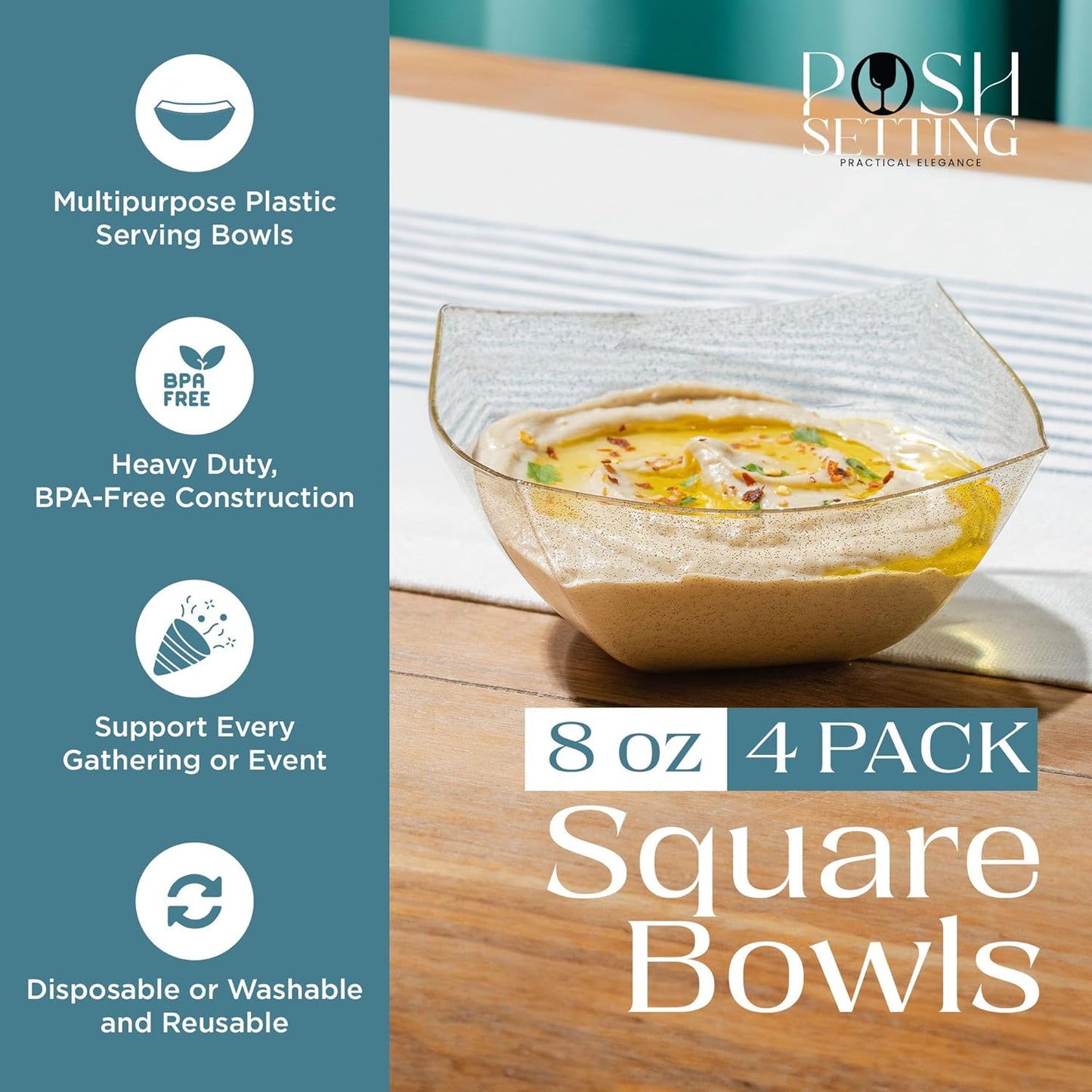 Posh Setting Gold Glitter Plastic Serving Bowls (8oz - 4 Pack) Square Disposable Containers for Party Table, Chips, Candy Buffet, and Salad