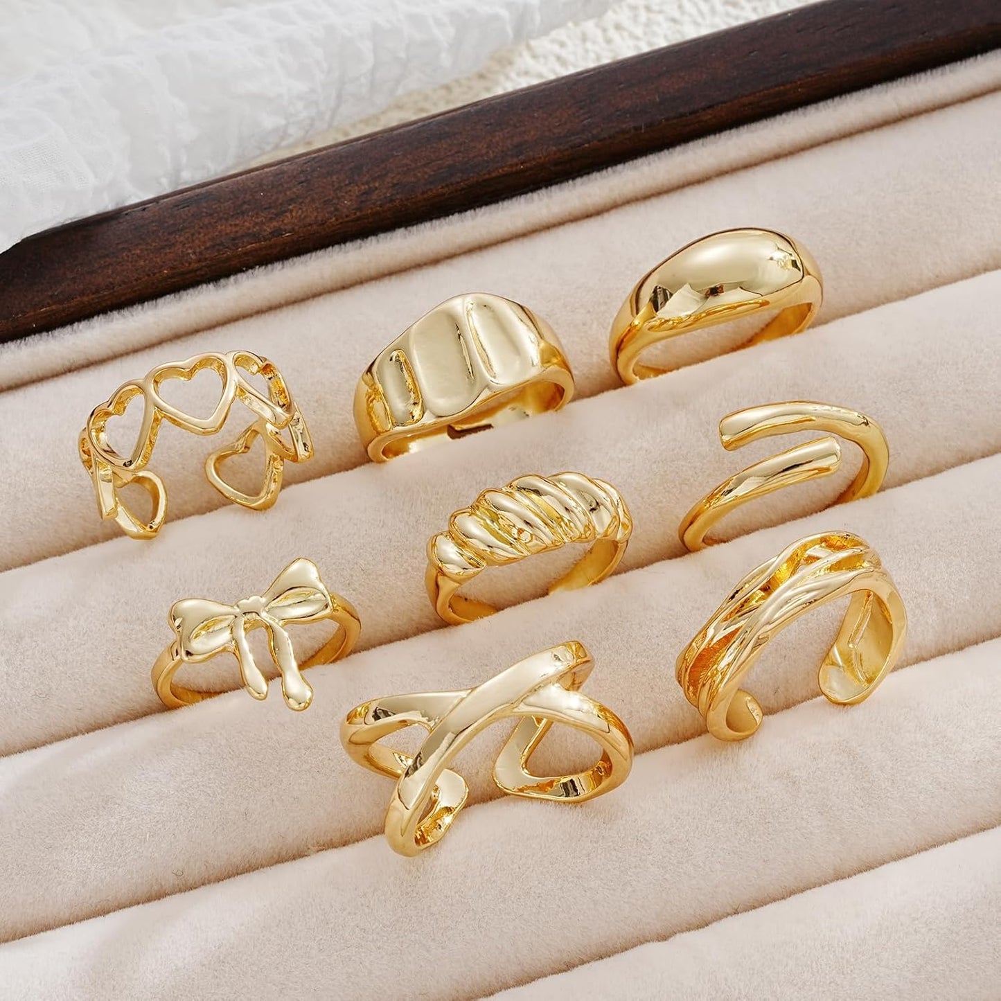 FAXHION 12PCS Gold Stackable Rings Set for Women, 18K Gold Plated Open Stacking Knuckle Ring, Adjustable Chunky Signet Band Statement Ring for Gift