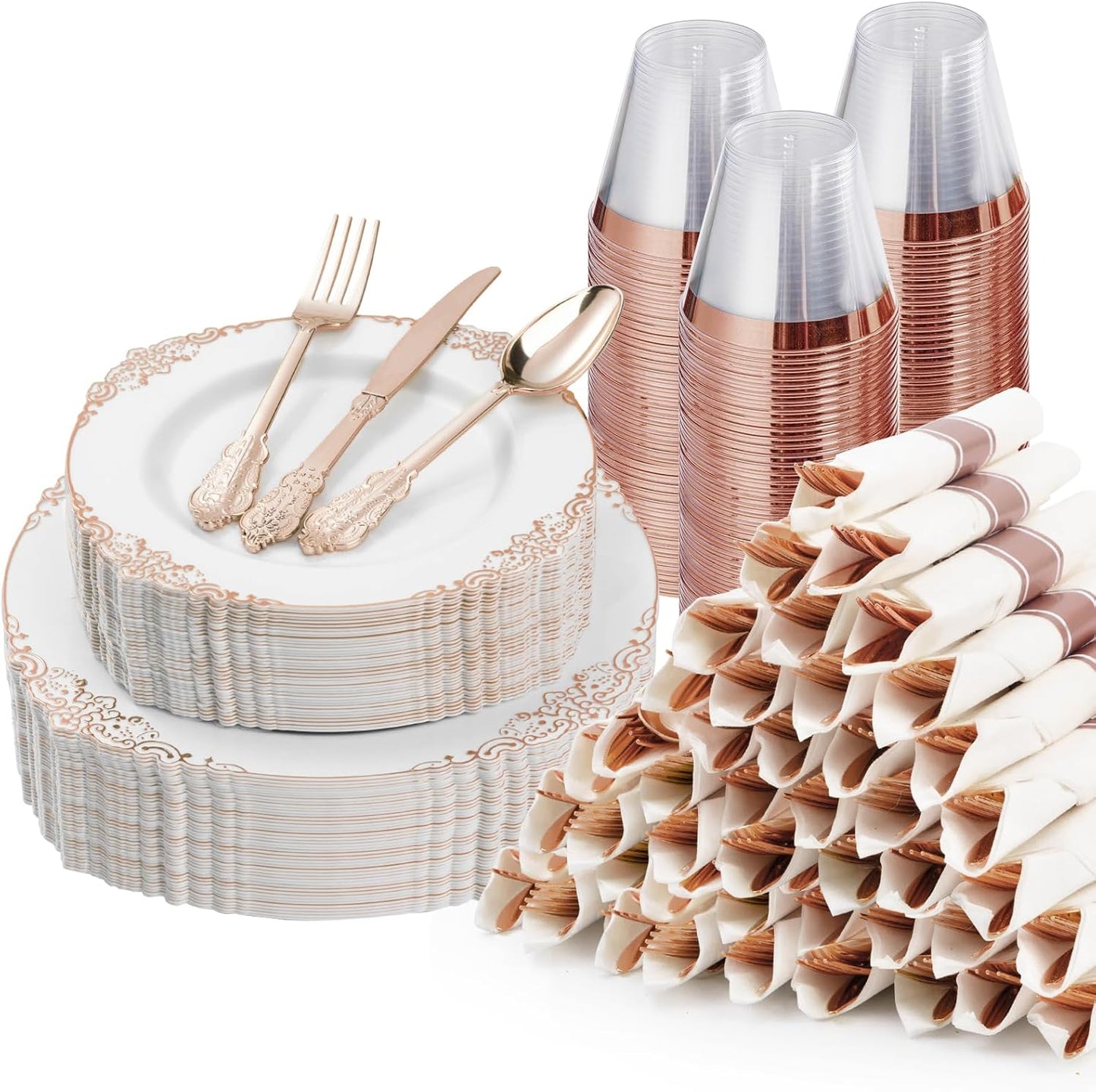 350PCS Rose Gold Plastic Plates for 50 Guests, Disposable Dinnerware Sets Include 100 Rose Gold Rim Plastic Plates, 50 Silverware and Cups, 50 Pre Rolled Napkins for Party, and Graduation