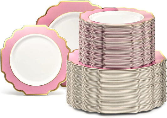 " OCCASIONS " 240 Plates Pack (120 Guests) Heavyweight Wedding Party Disposable Plastic Plates Set -120 x 10.5'' Dinner + 120 x 8'' Salad/Dessert Plate (Imperial in Light Pink & Gold)