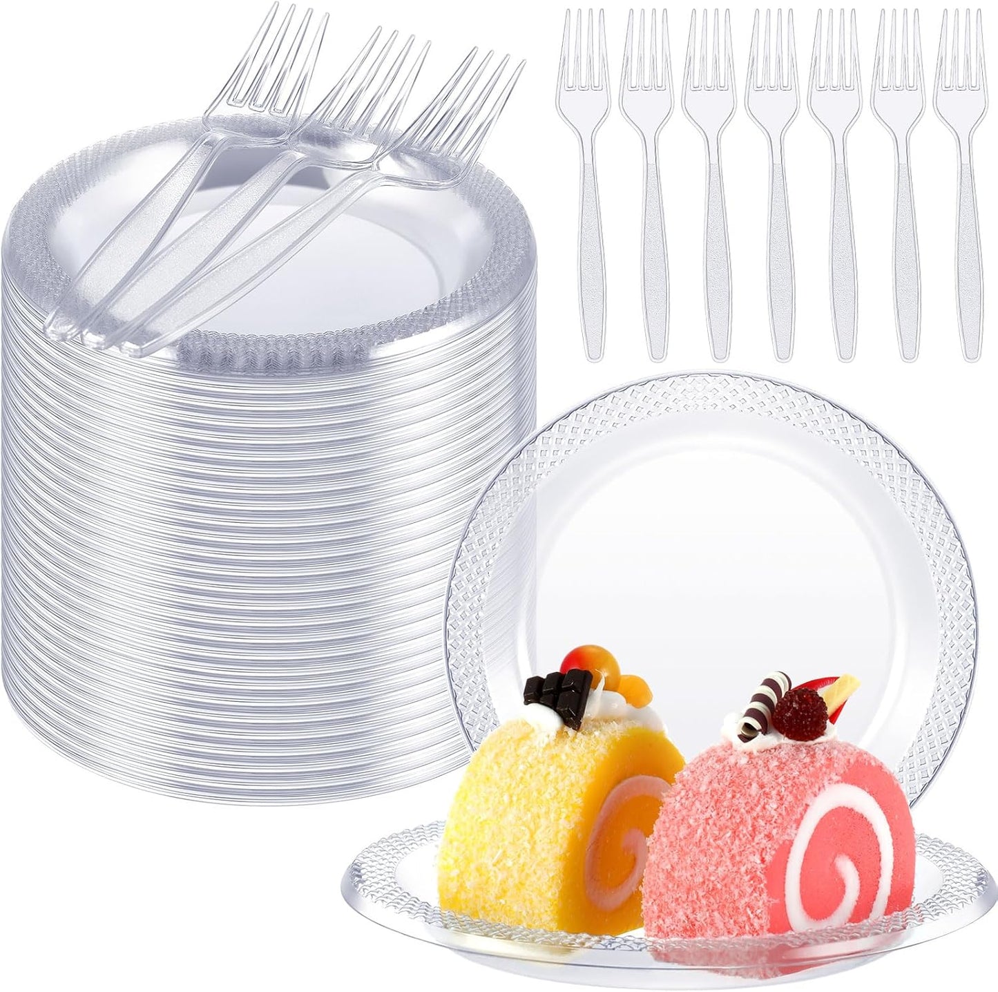 Hushee 400 Pcs 6 Inch Plastic Dessert Plates with Forks for Cake Appetizer, 300 Disposable Plates and 300 Plastic Forks for Wedding Birthday Party Event Bulk (Clear)