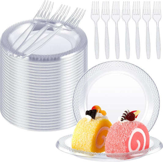 Hushee 400 Pcs 6 Inch Plastic Dessert Plates with Forks for Cake Appetizer, 300 Disposable Plates and 300 Plastic Forks for Wedding Birthday Party Event Bulk (Clear)