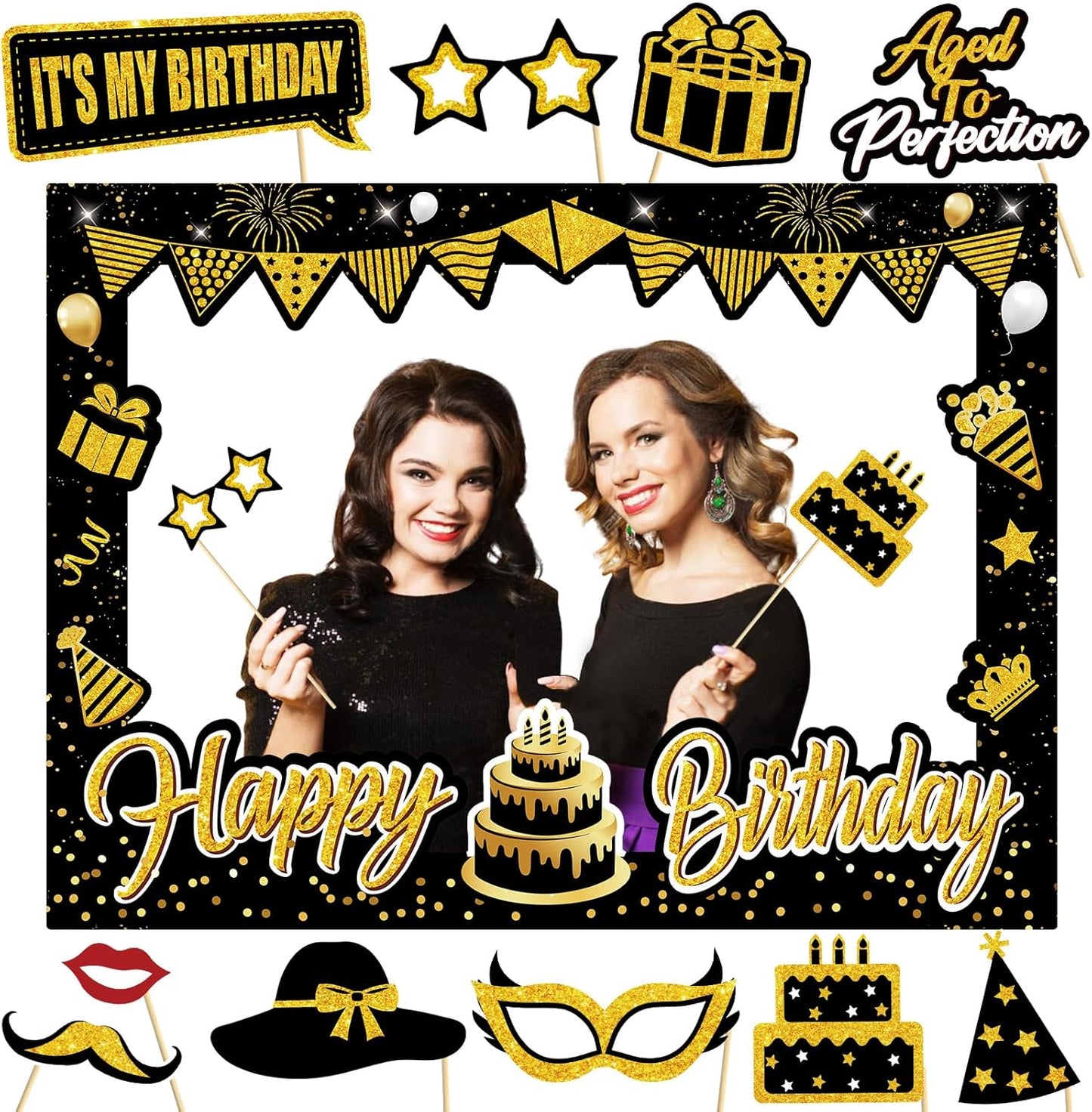 Birthday Party Decorations for Boys & Girls - Black & Gold Photo Booth Props & Selfie Frame Set