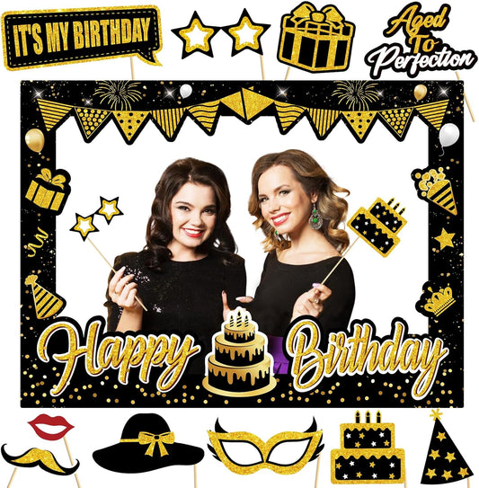 Birthday Party Decorations for Boys & Girls - Black & Gold Photo Booth Props & Selfie Frame Set