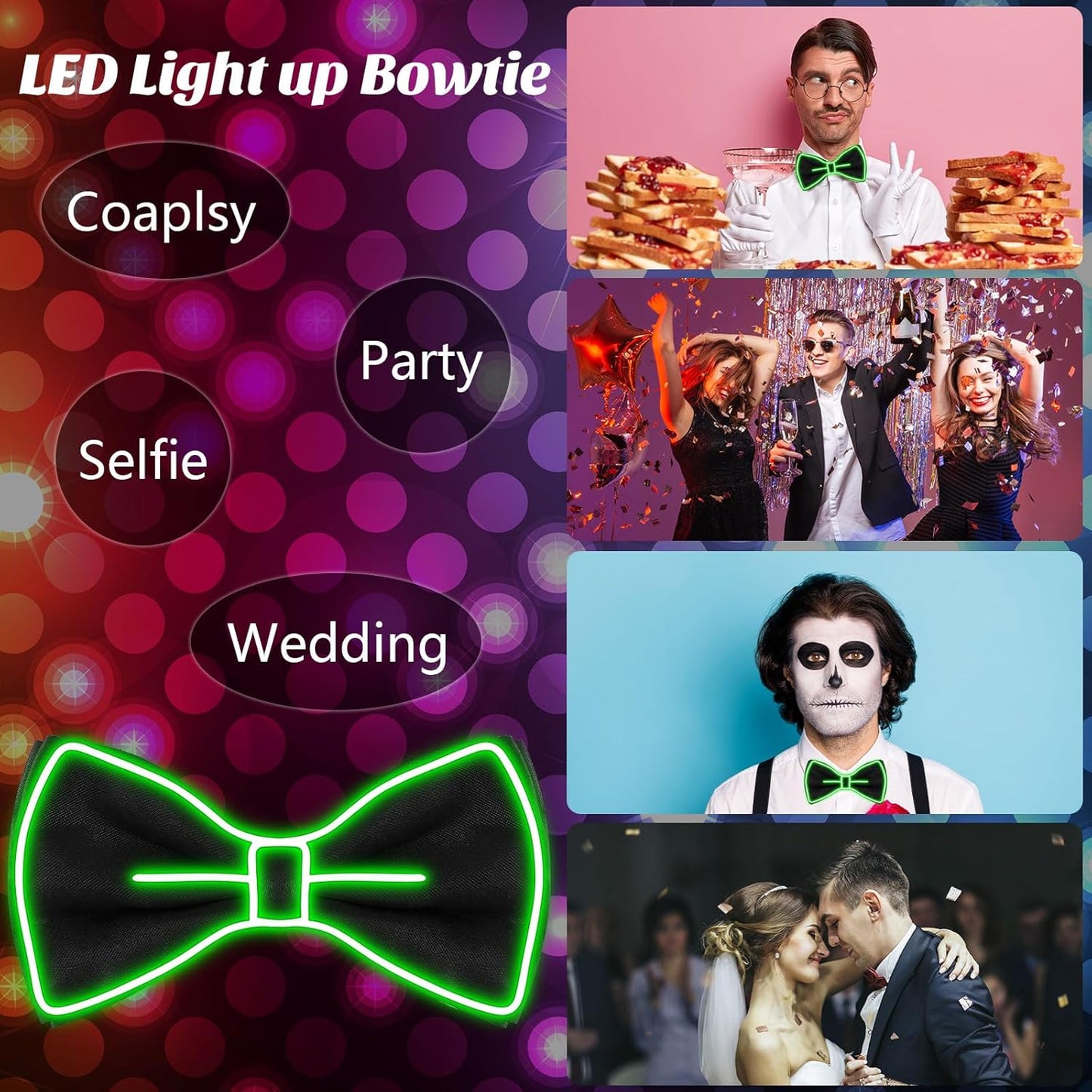 Hercicy Light up Bow Tie for Men LED Neon Bowtie Funny Ties Women Glow in the Dark Party Costume