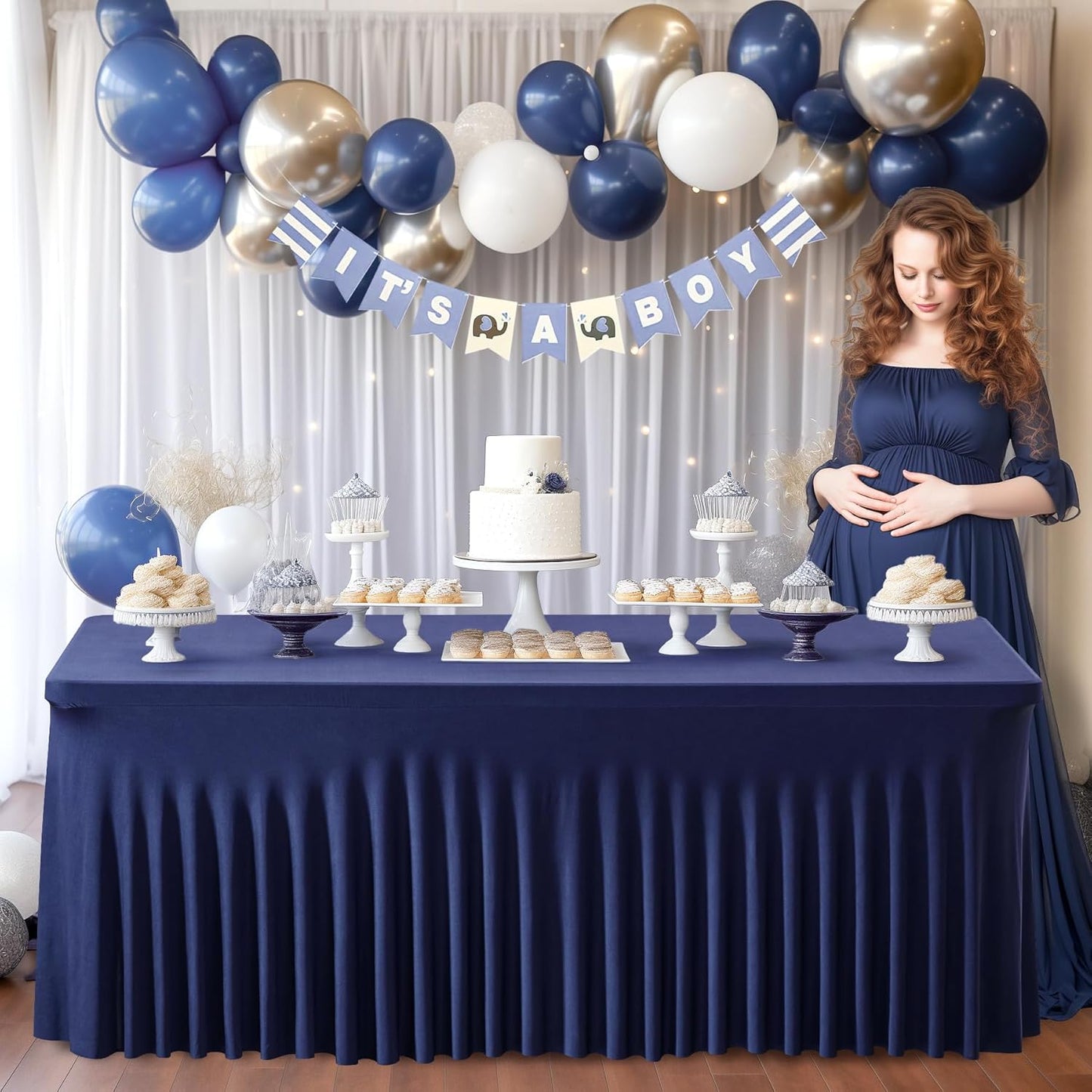 PARTISKY Navy Blue Spandex Tablecloth for 8ft Rectangle Tables, Stretchable Table Cover Skirt for Folding Tables Weddings Parties Banquets Events Trade Shows and Dessert Table