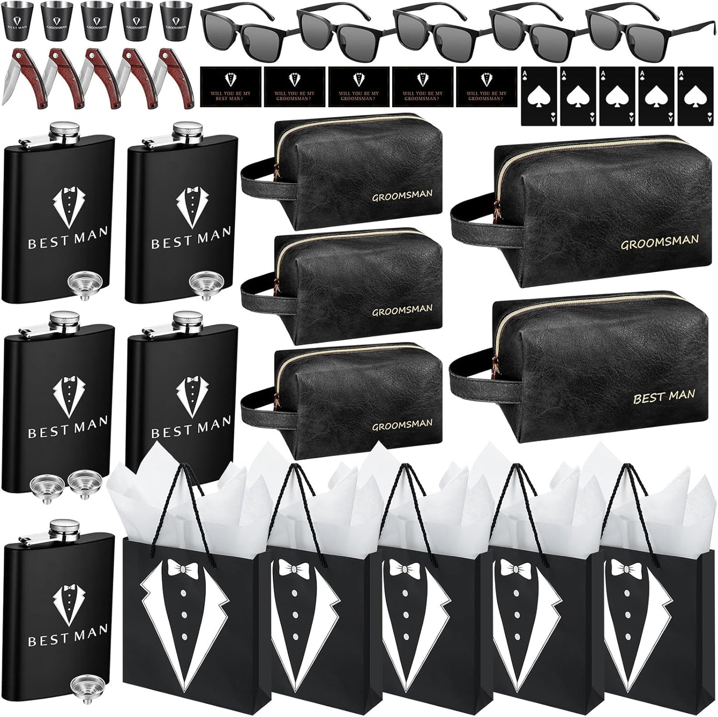 50Pcs Groomsmen Gifts Groomsmen Proposal Box with Flasks Sunglasses PU Leather Toiletry Bag Bottle Opener for Wedding Groomsman Best Man Gift (Black)