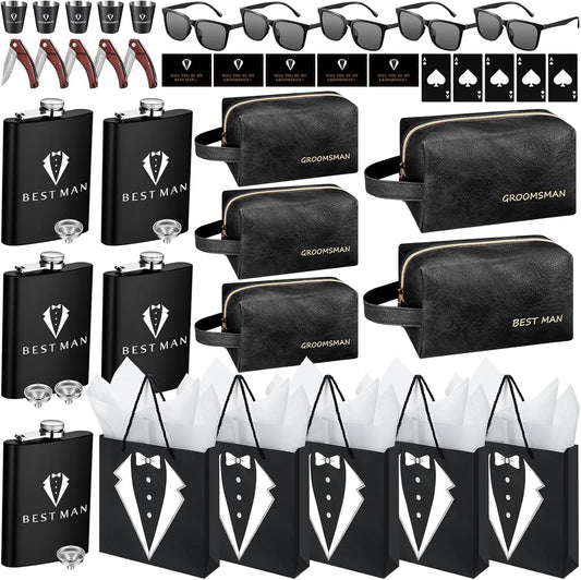 50Pcs Groomsmen Gifts Groomsmen Proposal Box with Flasks Sunglasses PU Leather Toiletry Bag Bottle Opener for Wedding Groomsman Best Man Gift (Black)