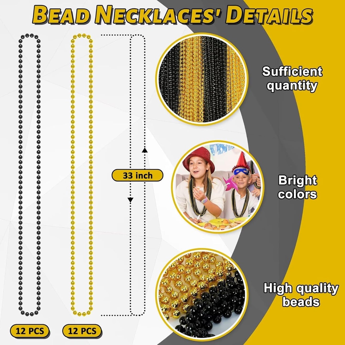 24PCS New Years Eve Bead Party Supplies, Black Gold Bead Necklace, 33" New Years Eve Beaded Necklaces, Festival Parade Throw Accessories for Halloween Trick or Treat Accessories