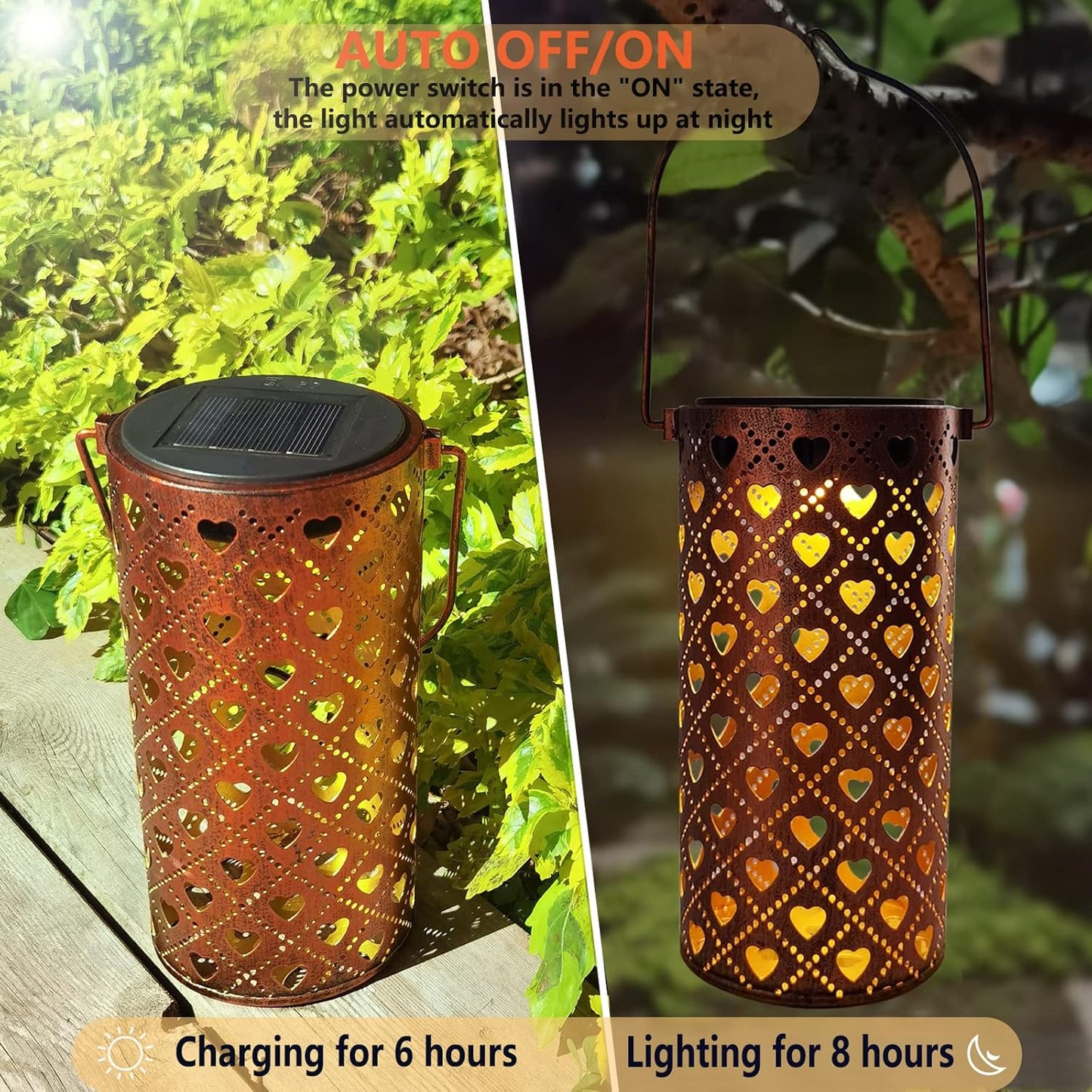 2 Pack Solar Lanterns Outdoor Hanging Heart Pattern Decor Lantern,Waterproof Hollow Out Metal Decorative Garden Light,Graceful Decoration for Patio,Yard,Landscape,Walkway,Festival