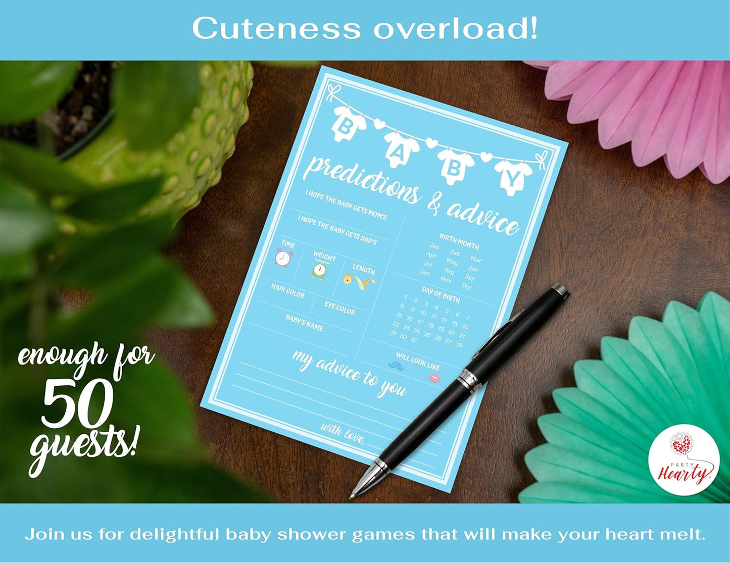 Party Hearty Baby Shower Games for Boy, 50 pcs Predictions & Advice Game, Fun Activity Cards, Baby Shower Ideas