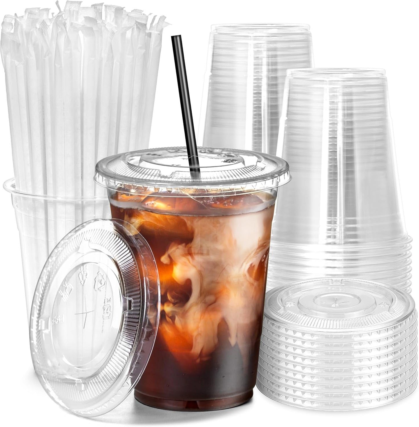 Fit Meal Prep 100 Pack 16 oz Plastic Iced Coffee Cups with Flat Lids and Black Straws, Disposable Clear Cup, BPA Free Cup for Party, Smoothie, Cold Drinks, Juice, Milkshake, Bubble Boba, Tea