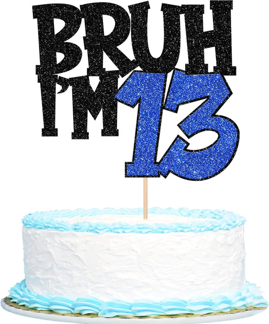 1 PCS Bruh I'm 13 Cake Topper Glitter Happy 13th Birthday Cake Pick Bro I'm 13 Cake Decoration It's My 13th Birthday Decorations for Cheers to 13 Years Old Birthday Anniversary Party Supplies Blue