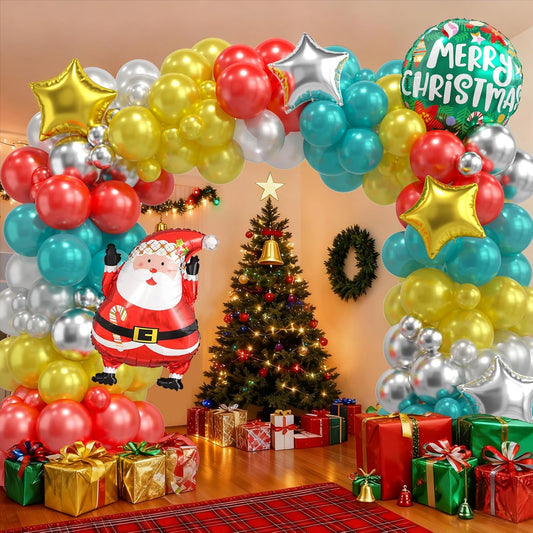 Christmas Balloon Arch Kit, Pearl Red Teal Blue Gold Silver Balloons Garland Arch with Metallic Silver Balloons, Round Garland Santa Claus Stars foil Balloon for Christmas New Year Party Decorations