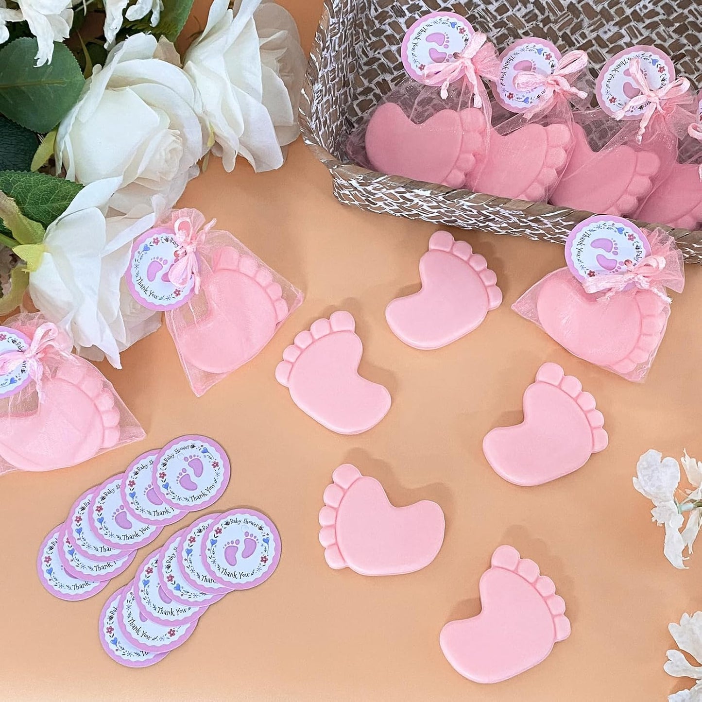 50 Sets Baby Shower Favors Refreshing Feet Soap Perfect for Guests Gifts with Organza Bags Thanks Cards Birthday Party Decoration Game Prizes（pink）