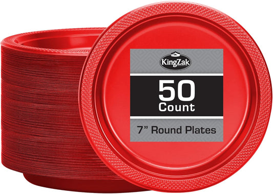 Hanna K. Signature Red Plastic Party Plates, 7-Inch Heavy Duty Disposable Plates, 50 Count, Party Supplies for Appetizers, Cake & Dessert