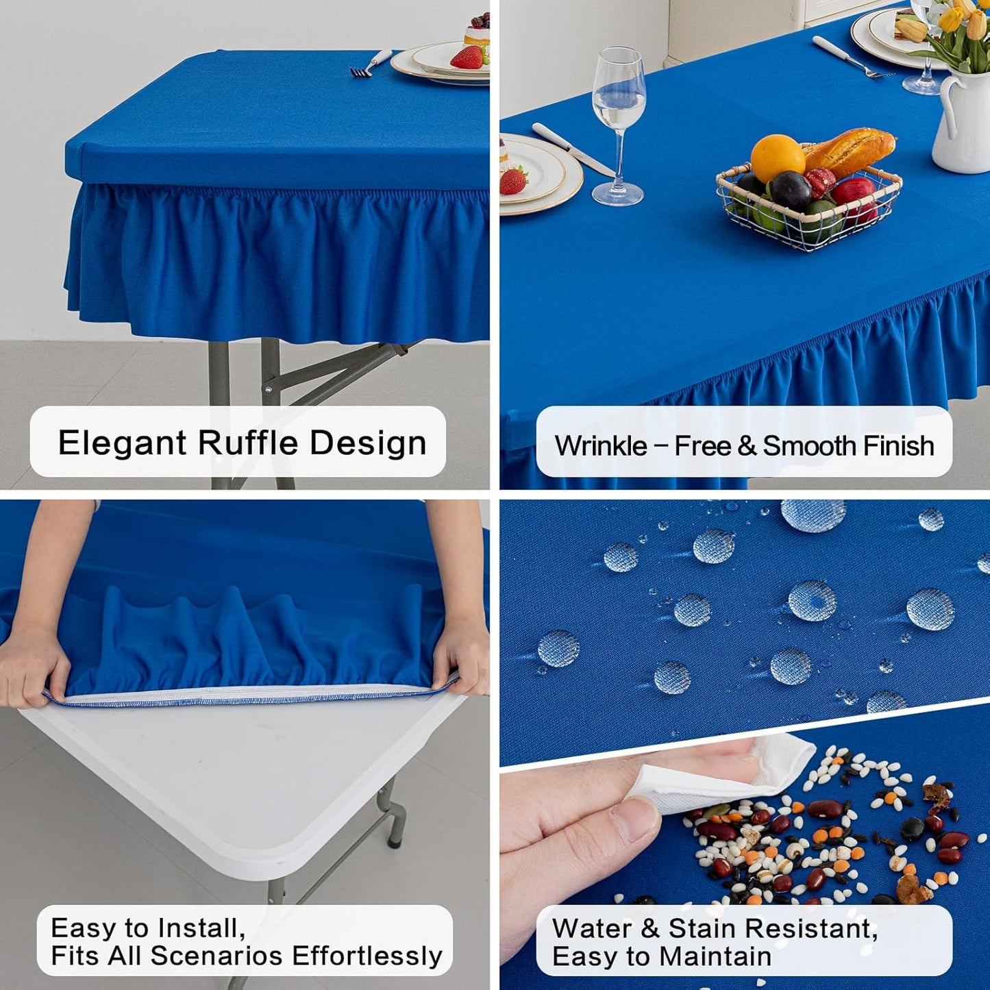 6ft Dark Blue Stretch Tablecloth for Rectangular Tables - Flared Wrap Design, Waterproof, Wrinkle-Resistant, Washable - Ideal for Weddings, Parties, Banquets & Table Protection