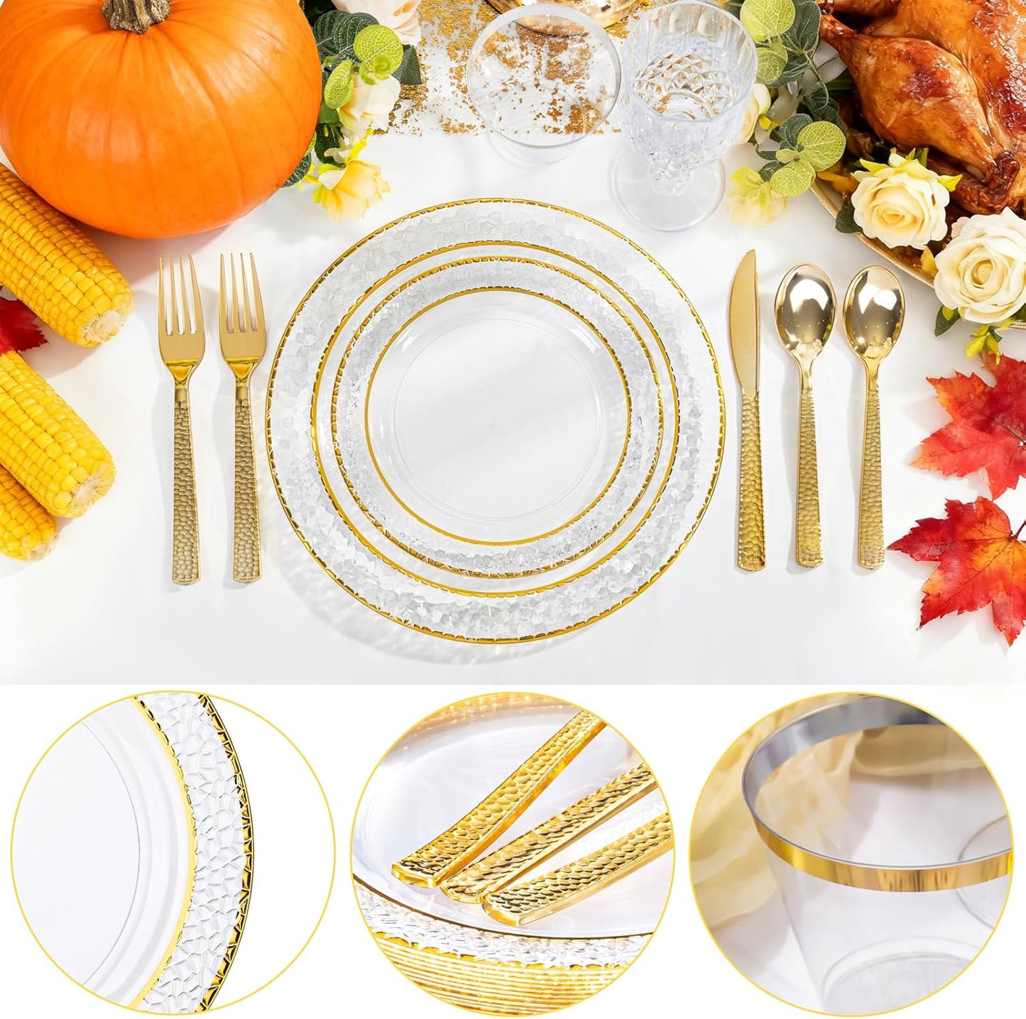 Ciaell 350PCS Clear Plastic Plates with Gold Trim for 50 Guests, Disposable Dinnerware Set for Wedding & Thanksgiving, Includes 100 Plastic Plates, 50 Pre Rolled Napkins with Gold Silverware, 50 Cups