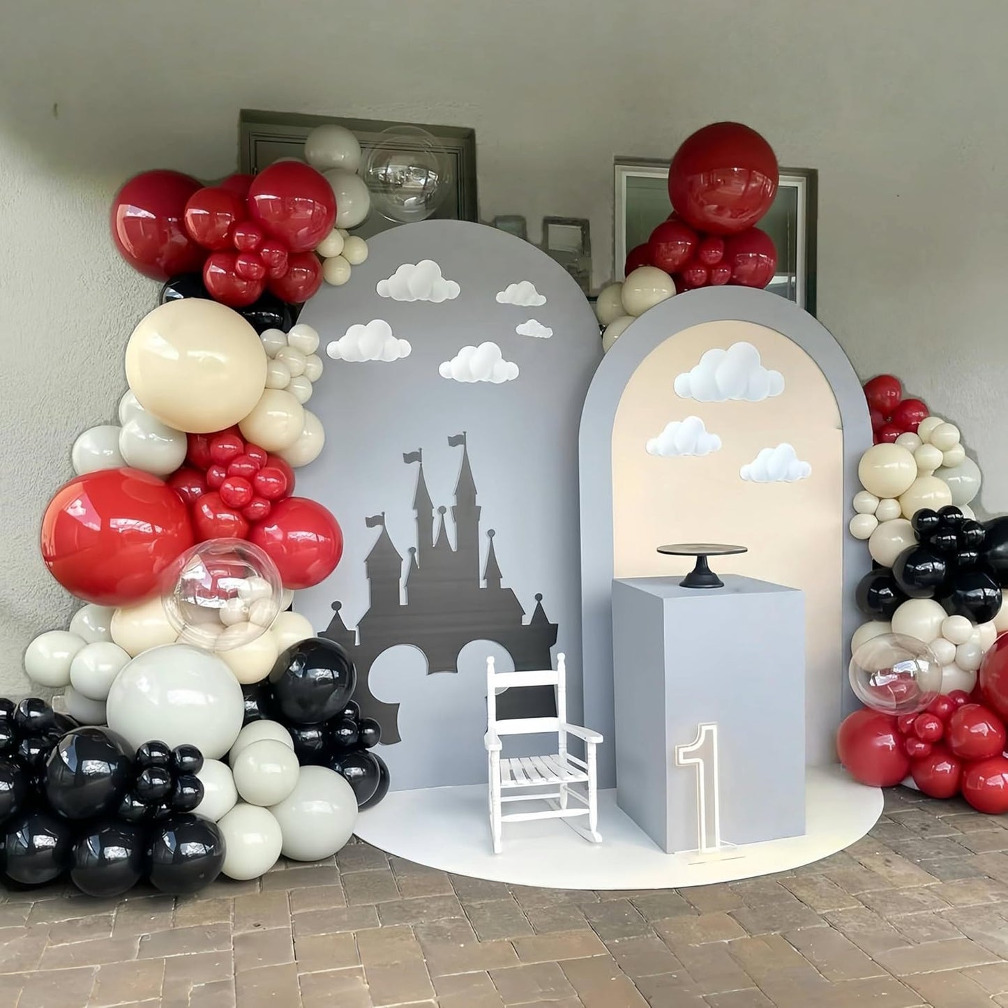 Ruby Red and Black Balloons Arch Kit, 124 Pcs Cartoon Birthday Decorations Balloon Garland, Black Dark Red Grey Nude Clear Balloons for Mouse 1st Birthday Clubhouse Decorations Party Supplies