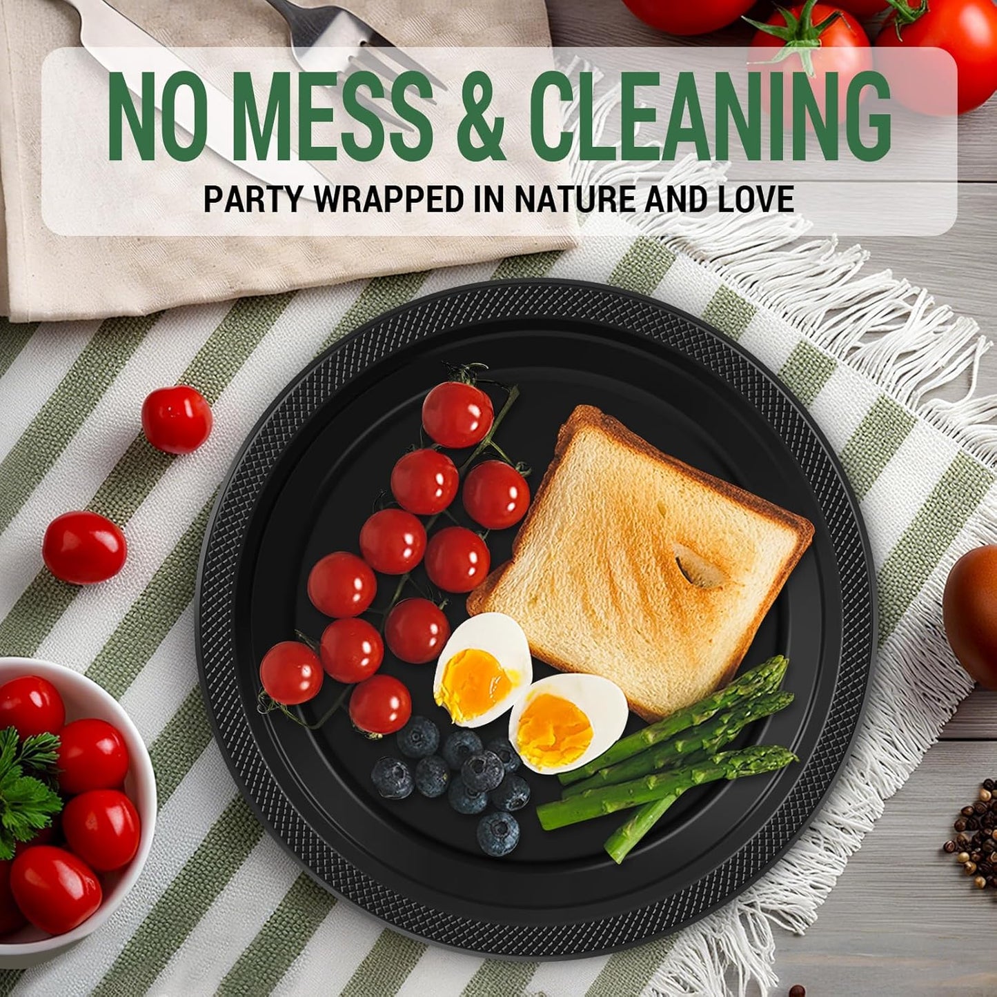 50 Black Plastic Plates For Party, Includes 25-9" & 25-7" Cake Dessert Plastic Dinner Plates Disposable For Party Supplies