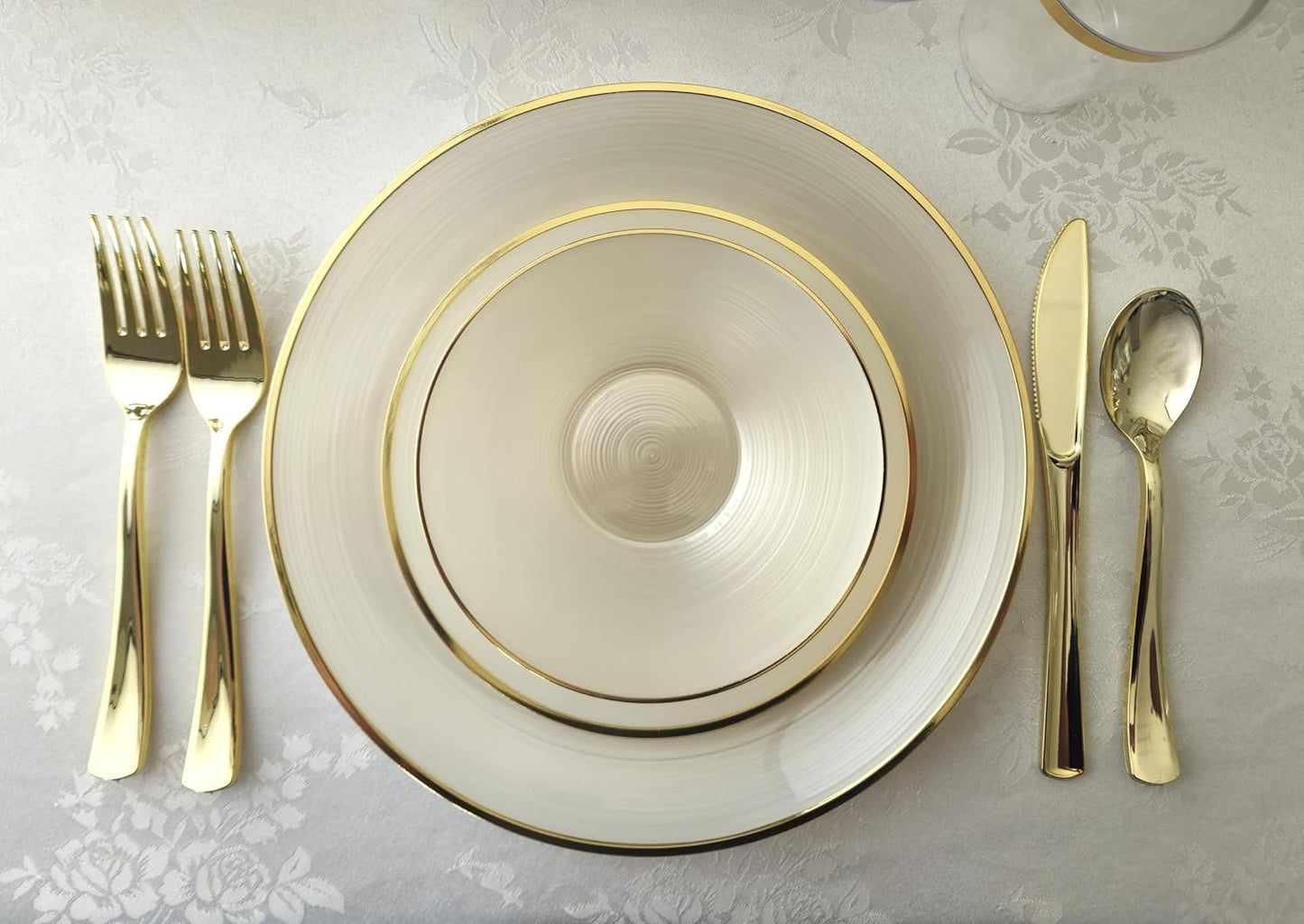 " OCCASIONS " 240 Plates Pack,(120 Guests) Premium Wedding Party Disposable Plastic Plates Set -120 x 10'' Dinner + 120 x 7'' Salad/Dessert (Belize in Ivory & Gold)