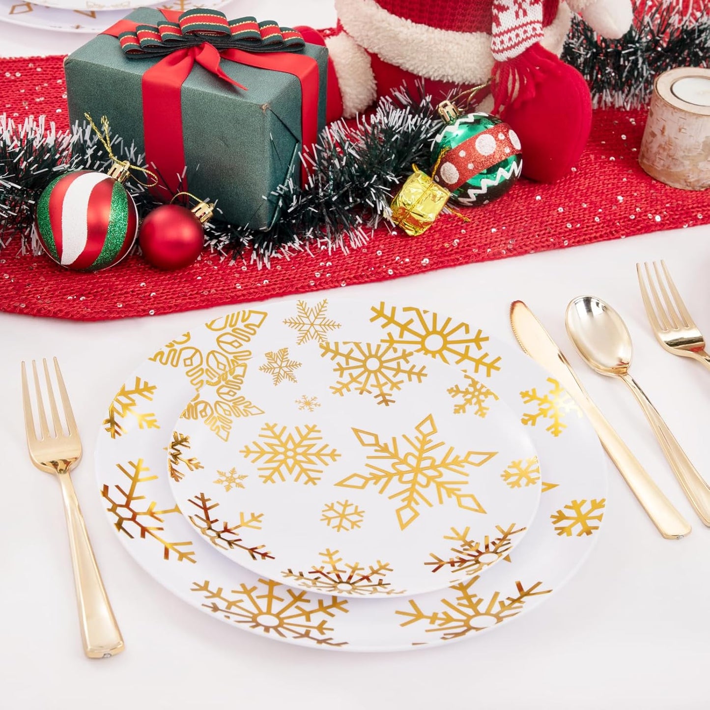 WDF 50 Pieces Plastic Christmas Plates - White and Gold Plates with Snowflake include 25 Dinner Plates, 25 Salad Plates - Disposable Gold Plastic Plates for Christmas Party, Winter
