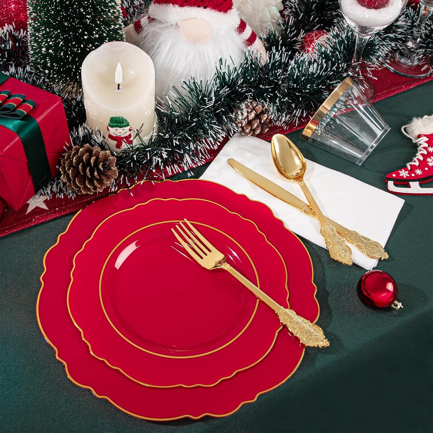 Liacere 350PCS Red Plastic Plates - Christmas Red Disposable Plates With Gold Rim - 50Guest Baroque Plastic Dinnerware include 100Plates-50Pack Pre Rolled Napkins with Silverware 50Cups for Christmas
