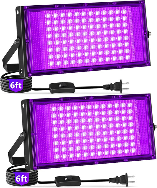 100W Black Lights with Switch+Plug, IP66 Waterproof, LED Blacklight Flood Light for Glow Party, Halloween, Bedroom, Fluorescent Poster, Body Paint, 2 Pack