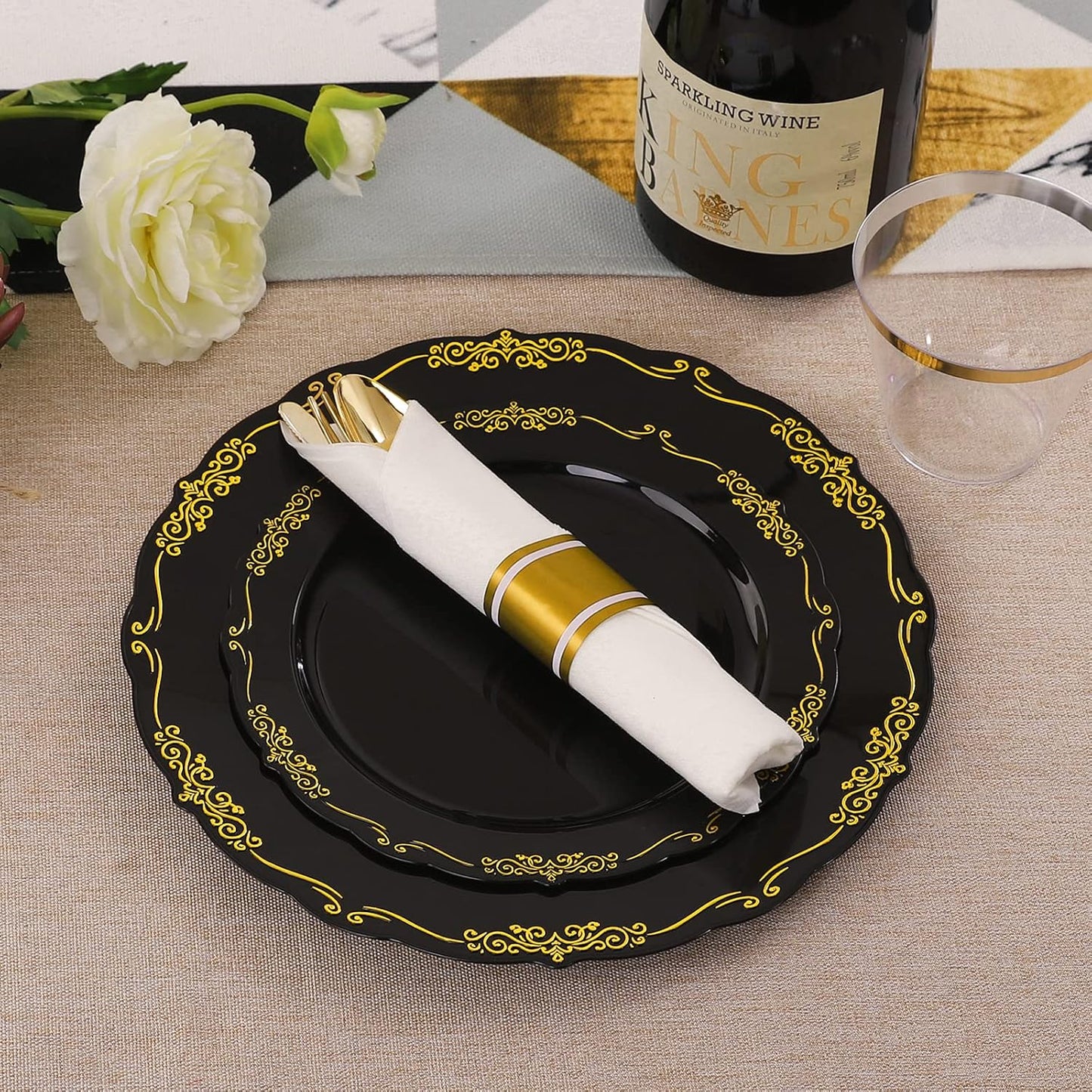 U-QE 175PCS Black Plastic Plates&Pre Rolled Napkins with Gold Cutlery, Black and Gold Plastic Dinnerware Set for 25Dinner Plates, 25Dessert Plates, 25Cups, 25Gold Silverware Sets, 25Napkins for Party