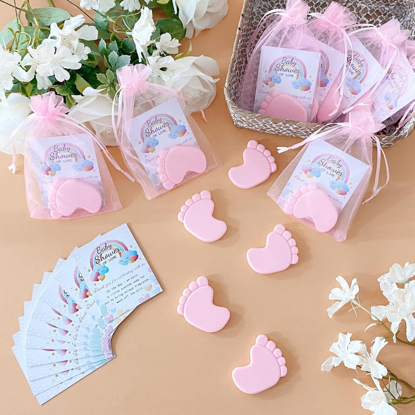 30 Sets Baby Shower Favors Refreshing Foot Soap Perfect Baby Shower Favors for Guests, Gifts, and Prizes with Organza Bags Thanks Cards (Pink)