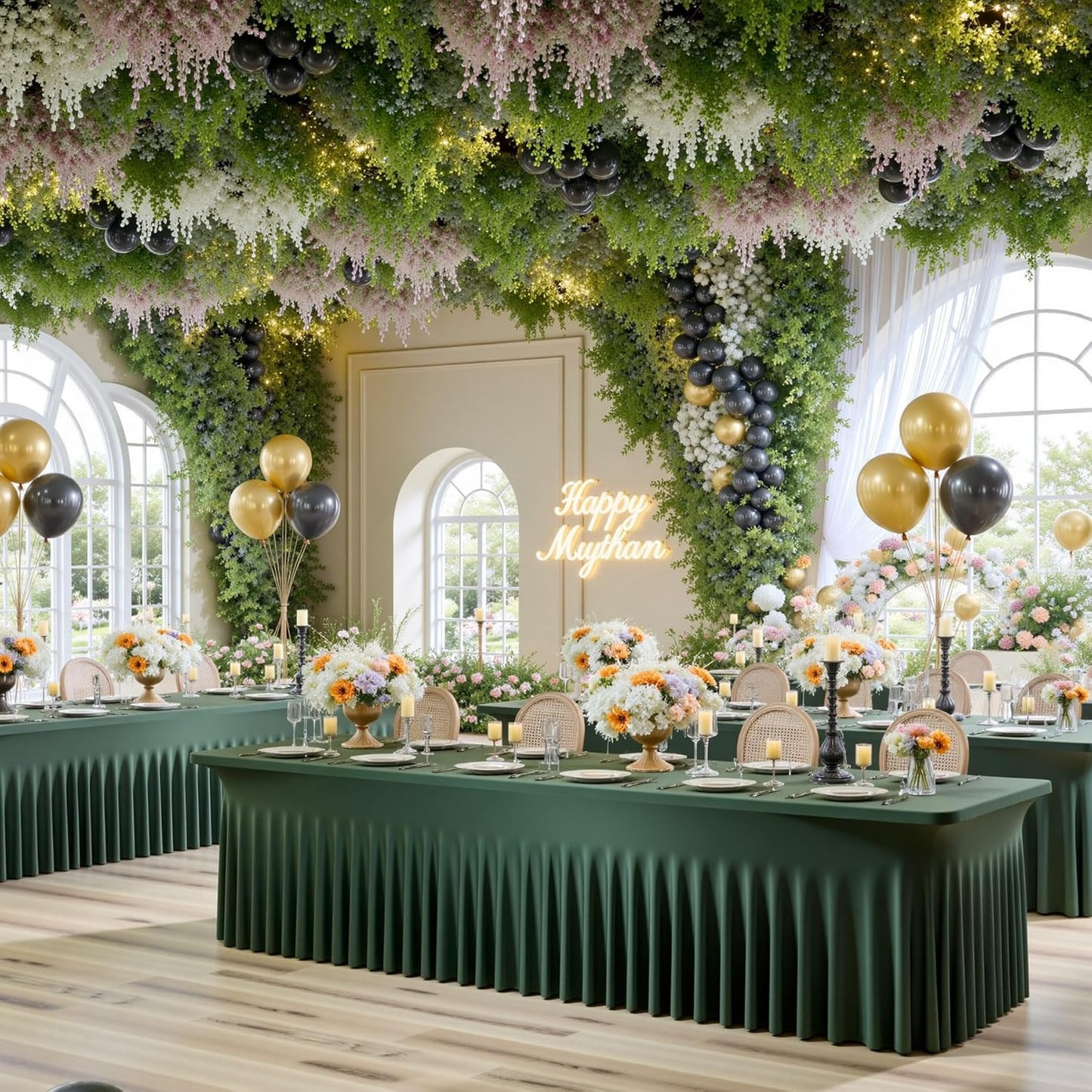 4 Pack Hunter Green Spandex Tablecloths for 8 Foot Rectangle Tables, Wrinkle Free Fitted Tablecover 8ft Stretchy Table Clothes with Skirt for Weddings Birthday Party Banquet Baby Shower