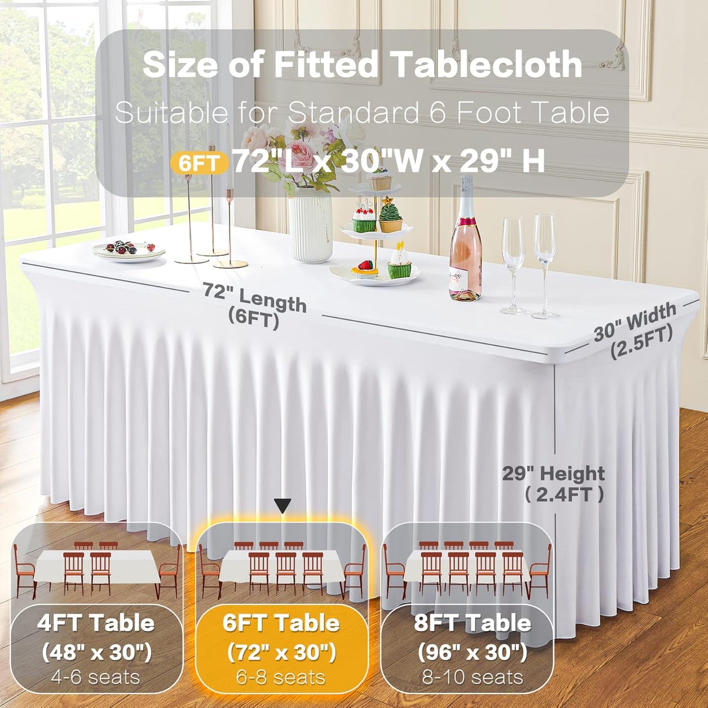 2 Pack White Spandex Table Clothes for 6 Foot Rectangle Tables, Wrinkle Free Fitted Table Cover 6ft Stretch Tablecloths Desk Skirt for Parties Weddings Birthday Banquet Baby Shower