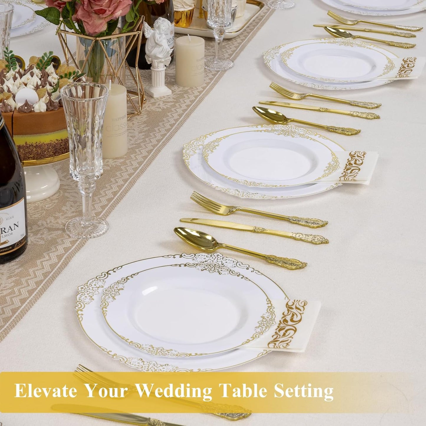 Goodluck 100PCS White and Gold Plastic Plates – 10.25” Heavy Duty Disposable Dinner Plates & Party Plates for Weddings, Parties, Events – Elegant, Sturdy