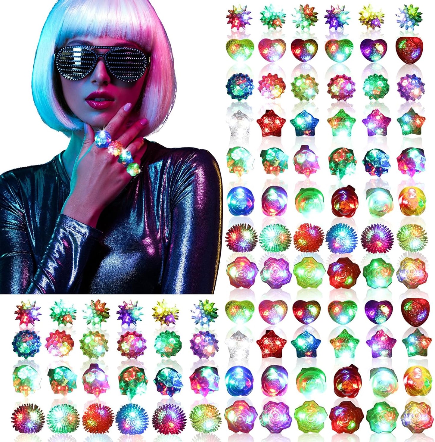 50 Pack Light Up Rings, Glow in The Dark Party Favors, 8 Style Flashing LED Jelly Finger Rings for Concert, Goodie Bag Fillers, Classroom Prizes,Raves, Halloween