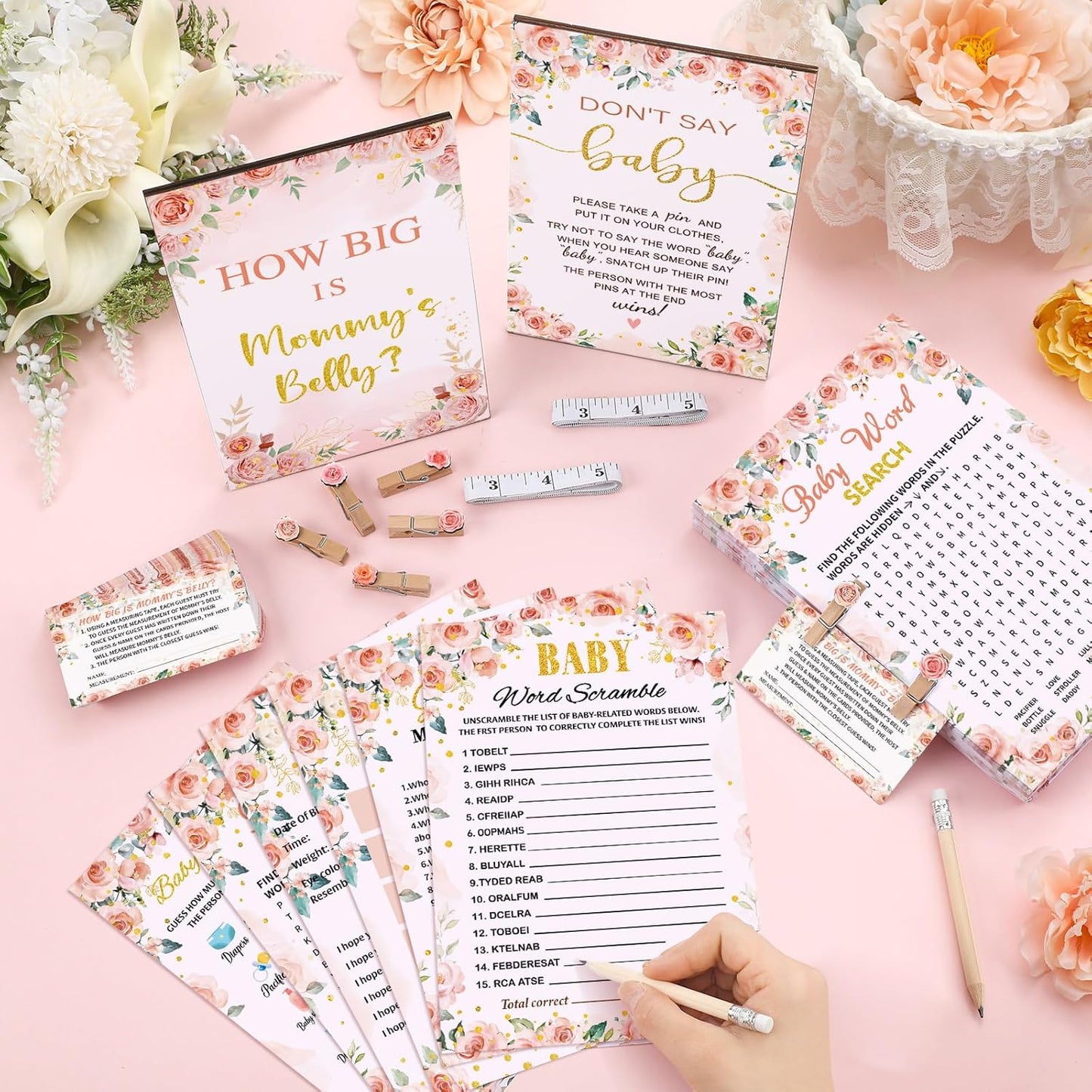 426 Pcs Floral Baby Shower Games Set-8 Games, Includes Baby Shower Bingo, Price is Right, Guess Who, Word Scramble, Prediction and Advice, How Big is Mommy's Belly, Don't Say The Words
