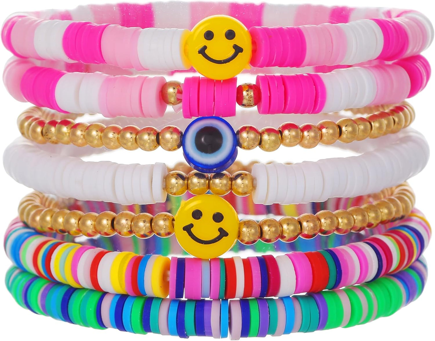 Friendship Bracelets for Women - Heishi Surfer Colorful Smile Evil Eye Clay Beaded Stretch Bracelets Elastic Layering - Stackable Boho Disc Y2K Aesthetic Summer Jewelry Set.